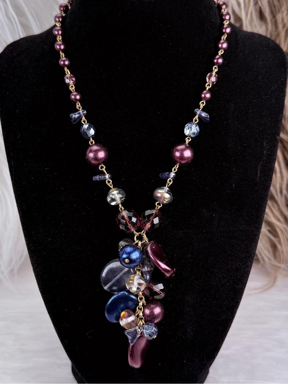 Vintage Mixed Media Beaded Cluster Pendant Necklace Purple Blue Gold Tone